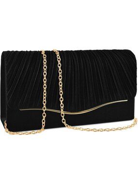 Womens Black Velvet Pleated Flap Gold Accent Envelope Chain Evening Bag Clutch